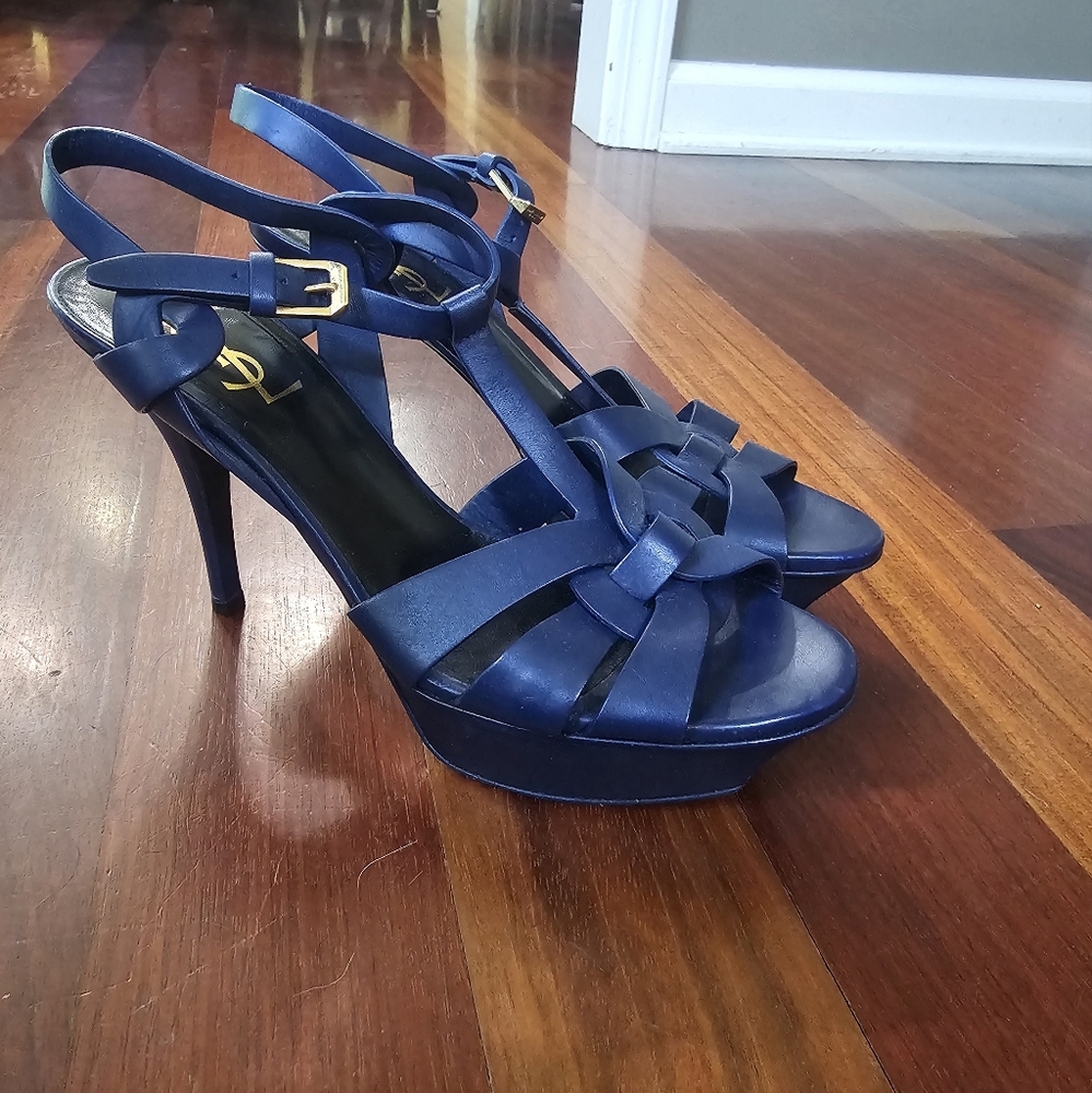 YSL Blue Women's Heels Size 38.5 Tribute Platform Sandal
